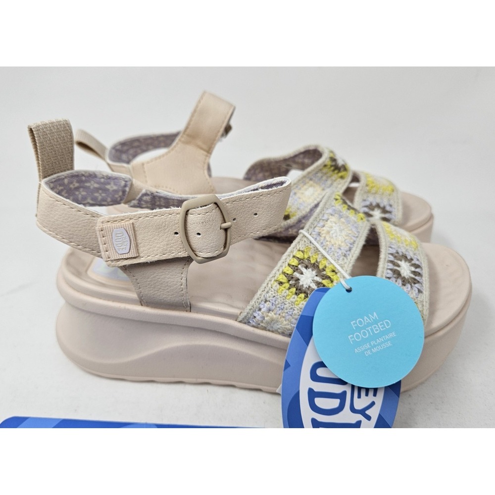 Hey Dude Delray Buckle Cottage Crochet Sandals Women's 6M Egret/Lavender NEW! - Picture 1 of 13